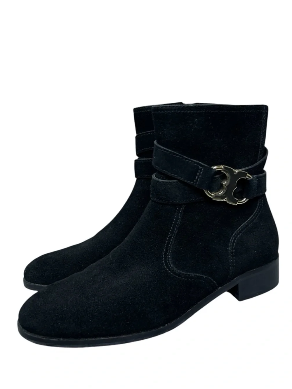 Tory Burch Gemini Suede Ankle Boots Size 7 US Black Gold Logo Luxury Minimalist
